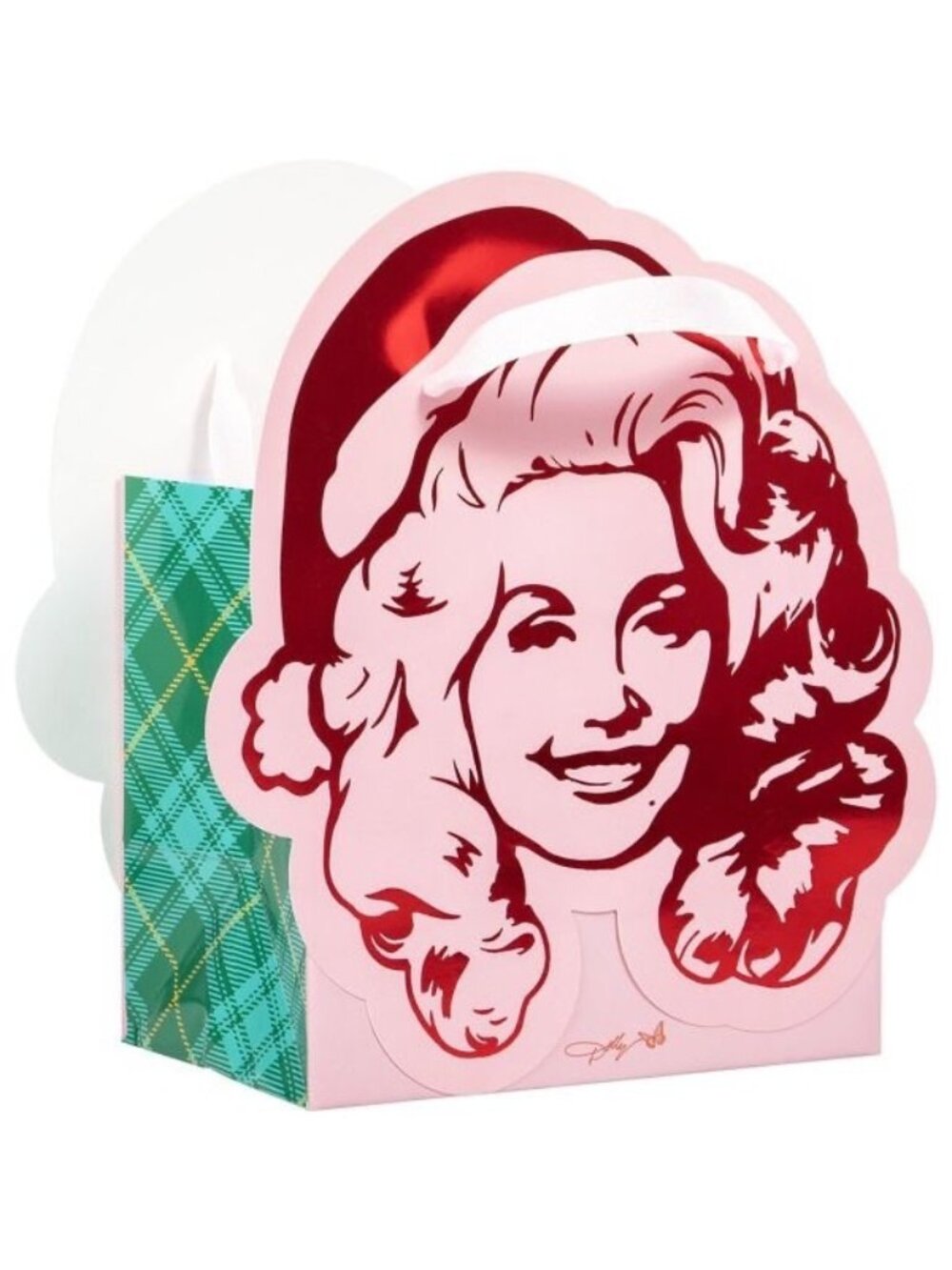 Dolly Parton Face Gift Bag Pink Red Foil Santa Hat Ribbon Handles 10x8 Plaid NEW